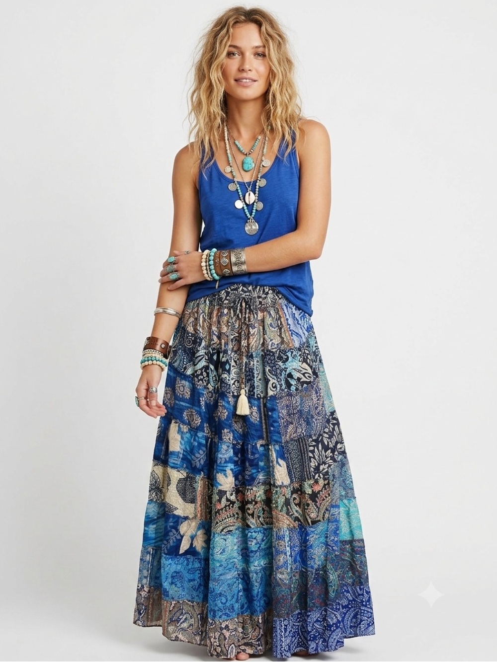 47. Boho Patchwork Sari Silk Maxi Skirt Festival Hippie Gypsy One Size India